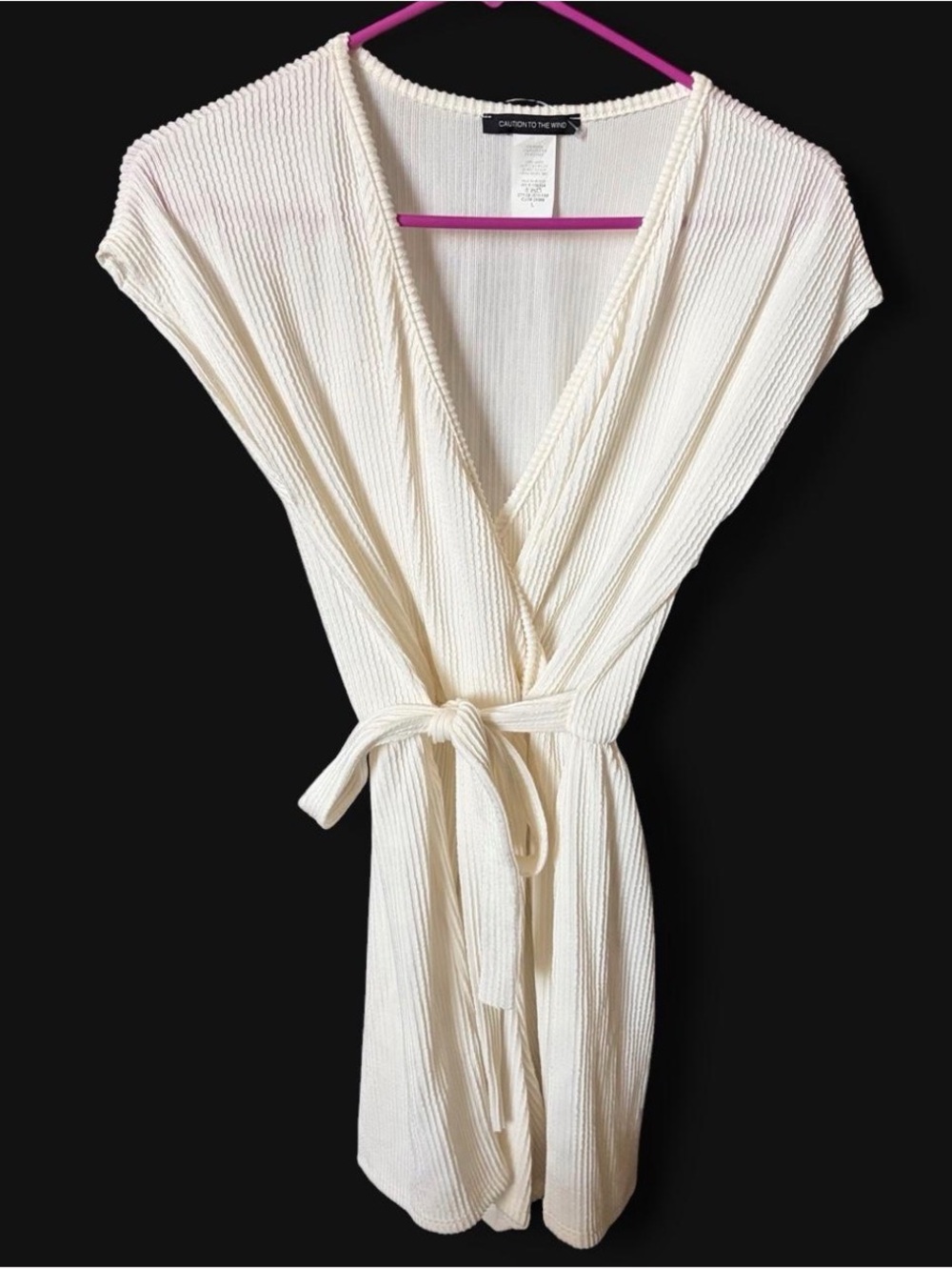 Caution To The Wind Ivory Ribbed Wrap Romper with Self-Tie
